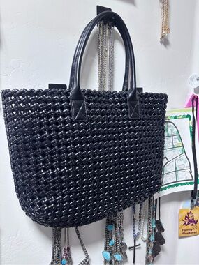 Large Classic Black Woven Tote Bag - Women's Handbag